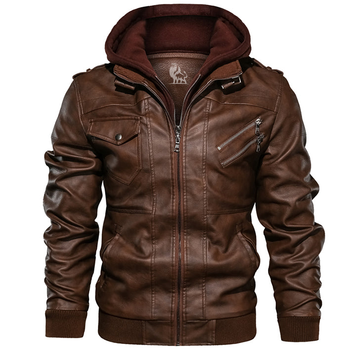 Men's Premium Salvador PU Leather Jacket with Detachable Hoodie Durable Waterproof