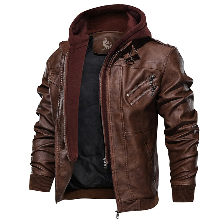 Men's Premium Salvador PU Leather Jacket with Detachable Hoodie Durable Waterproof